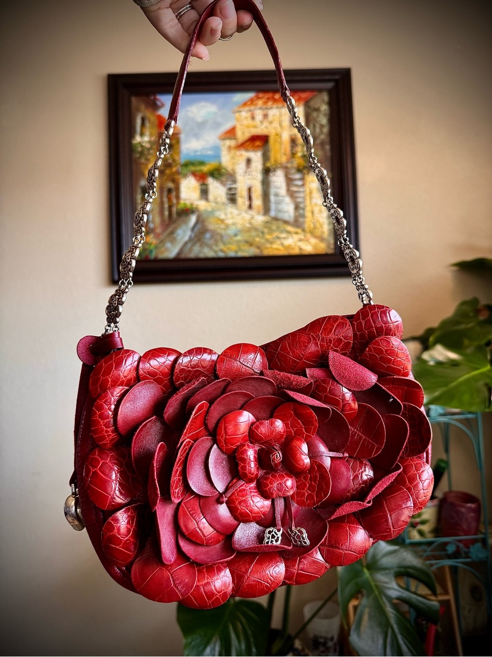 Brighton Red Leather 3D Rosalie Flower Shoulder Bag Purse